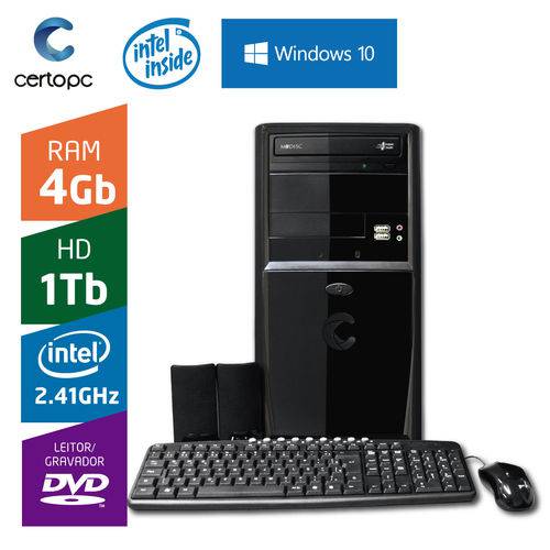 Computador Intel Dual Core 2.41GHz 4GB HD 1TB DVD com Windows 10 Certo PC FIT 1032