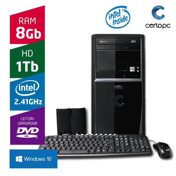 Computador Intel Dual Core 2.41GHz 8GB HD 1TB DVD com Windows 10 Certo PC FIT 080