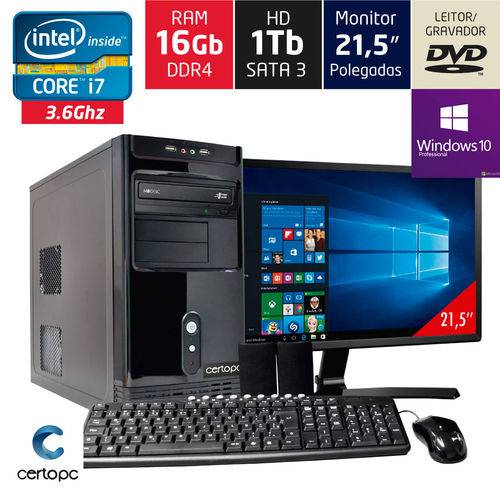 Computador + Monitor 21,5’’ Intel Core I7 16gb Hd 1tb Dvd com Windows 10 Pro Certo Pc Desempenho 957