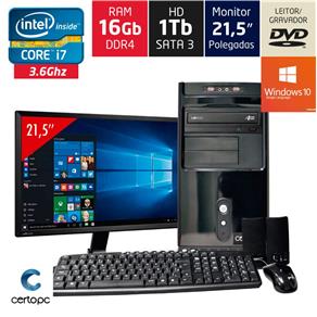 Computador + Monitor 21.5" Intel Core I7 16GB HD 1TB DVD com Windows 10 SL Certo PC Desempenho 956