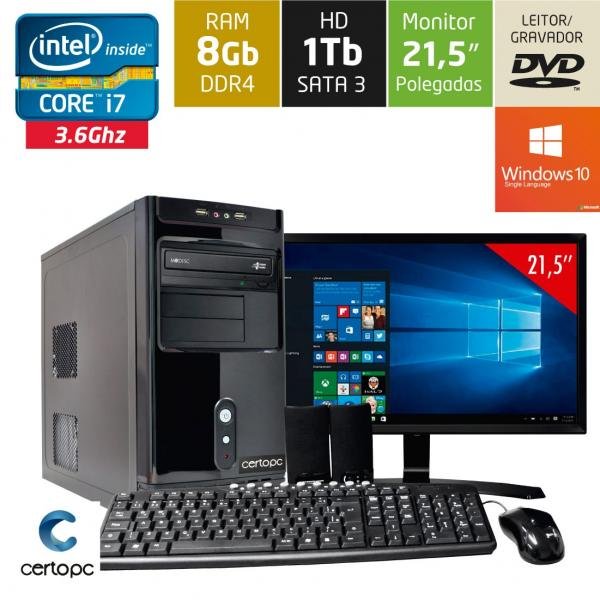 Computador + Monitor 21,5 Intel Core I7 8GB HD 1TB DVD com Windows 10 SL Certo PC Desempenho 947