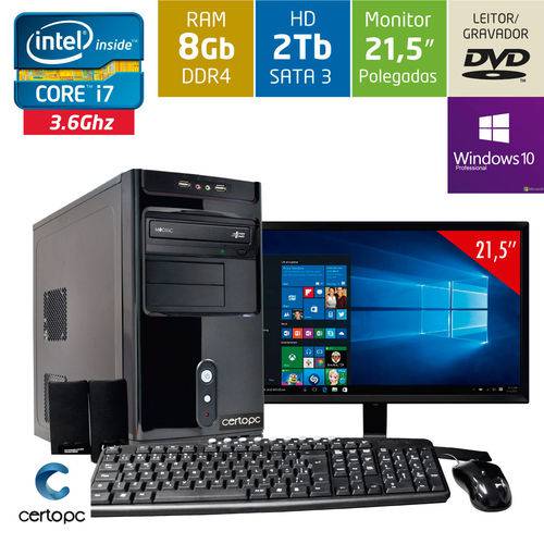 Computador + Monitor 21,5’’ Intel Core I7 8gb Hd 2tb Dvd com Windows 10 Pro Certo Pc Desempenho 951