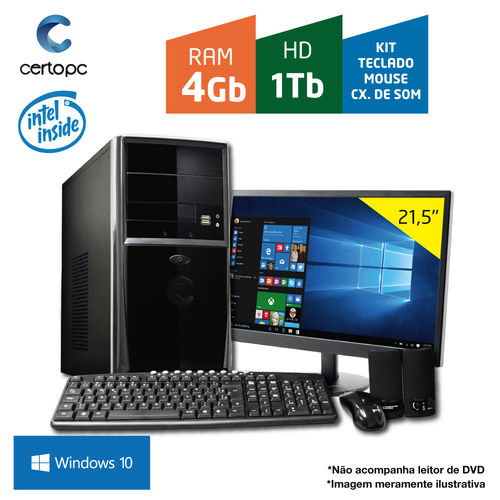 Computador + Monitor 21,5'' Intel Dual Core 2.41GHz 4GB HD 1TB KIT Win 10 SL Certo PC FIT 118