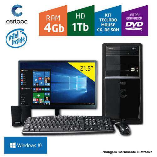 Computador + Monitor 21,5'' Intel Dual Core 2.41GHz 4GB HD 1TB DVD KIT Win 10 SL Certo PC FIT 119