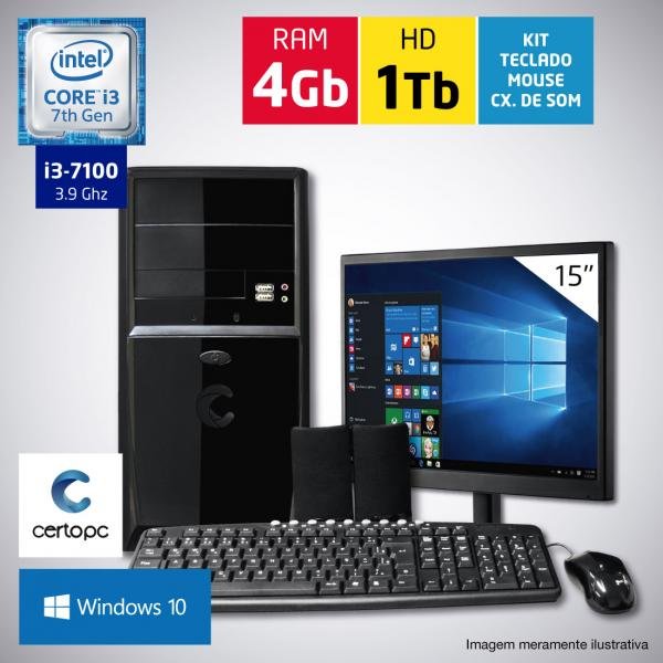 Computador + Monitor 15 Intel Core I3 7ª Geração 4GB HD 1TB com Windows 10 Certo PC SMART 024
