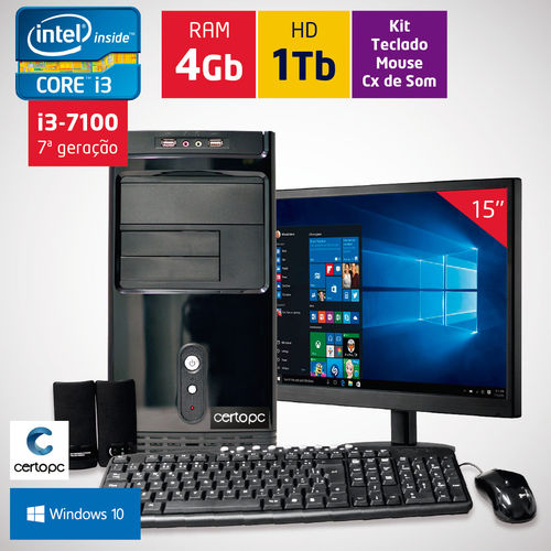 Computador + Monitor 15’’ Intel Core I3 7ª Geração 4gb Hd 1tb com Windows 10 Certo Pc Smart 024
