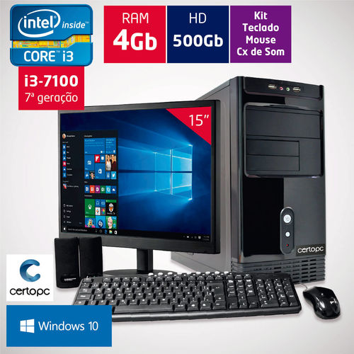 Computador + Monitor 15’’ Intel Core I3 7ª Geração 4gb Hd 500gb com Windows 10 Certo Pc Smart 010