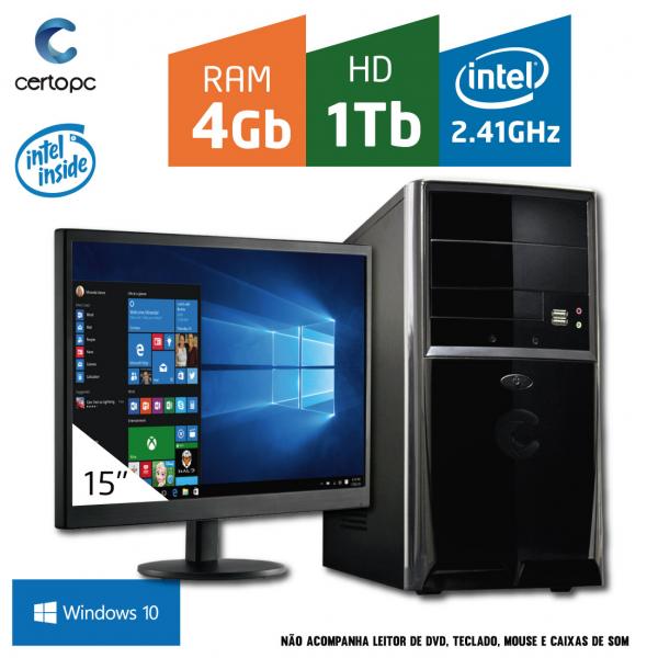 Computador + Monitor 15 Intel Dual Core 2.41GHz 4GB HD 1TB com Windows 10 Certo PC FIT 037