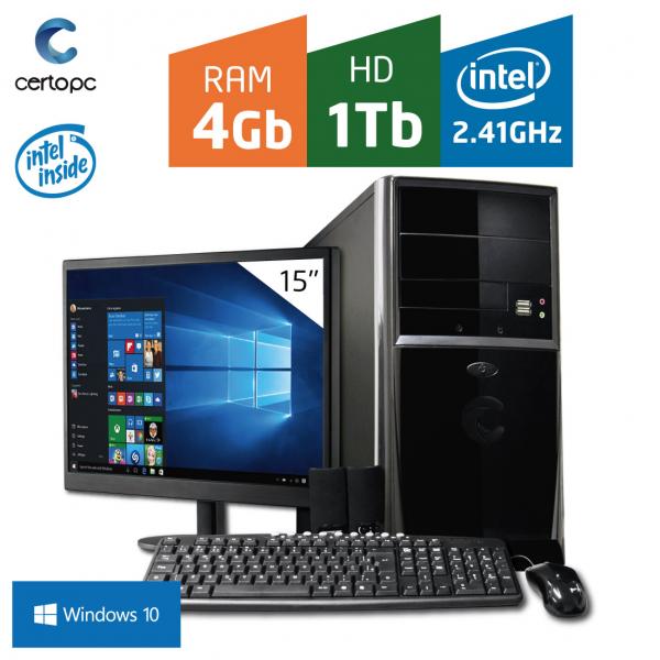 Computador + Monitor 15 Intel Dual Core 2.41GHz 4GB HD 1TB com Windows 10 PRO Certo PC FIT 104