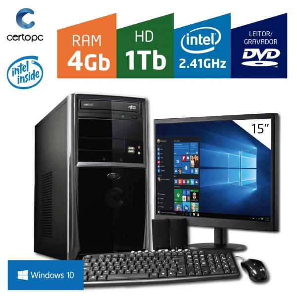 Computador + Monitor 15 Intel Dual Core 2.41GHz 4GB HD 1TB DVD com Windows 10 Certo PC FIT 040