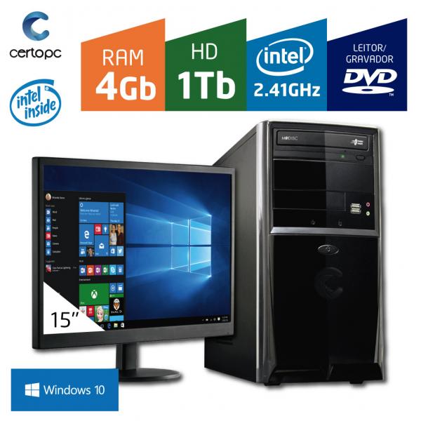 Computador + Monitor 15 Intel Dual Core 2.41GHz 4GB HD 1TB DVD com Windows 10 Certo PC FIT 038