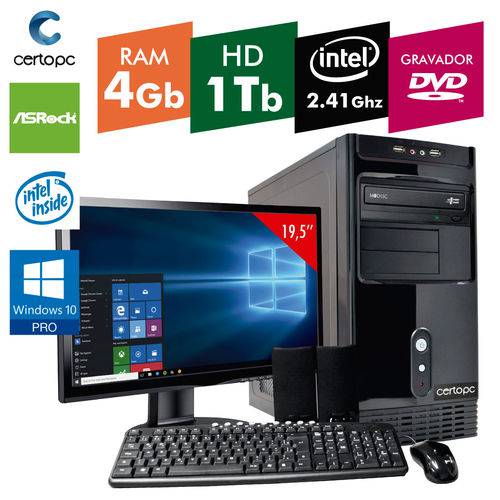 Computador + Monitor 15 Intel Dual Core 2.41ghz 4gb Hd 1tb Dvd com Windows 10 Pro Certo Pc Fit 106