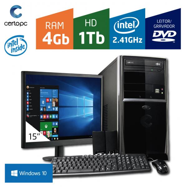 Computador + Monitor 15 Intel Dual Core 2.41GHz 4GB HD 1TB DVD com Windows 10 PRO Certo PC FIT 103