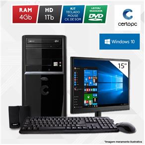 Computador + Monitor 15” Intel Dual Core 2.41GHz 4GB HD 1TB DVD Windows 10 SL Certo PC Fit 1040
