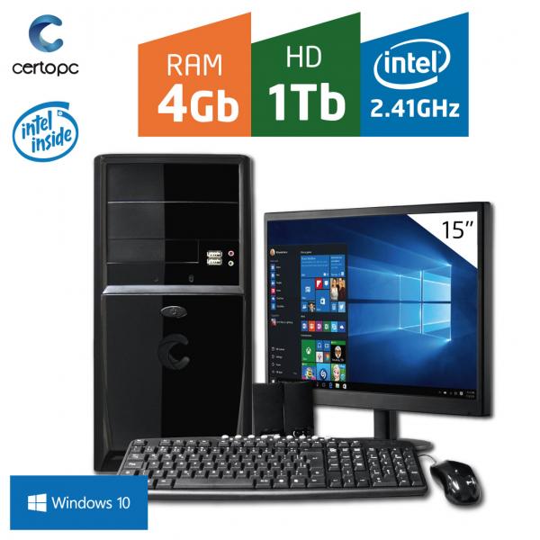 Computador + Monitor 15 Intel Dual Core 2.41GHz 4GB HD 1TB Windows 10 Certo PC FIT 039