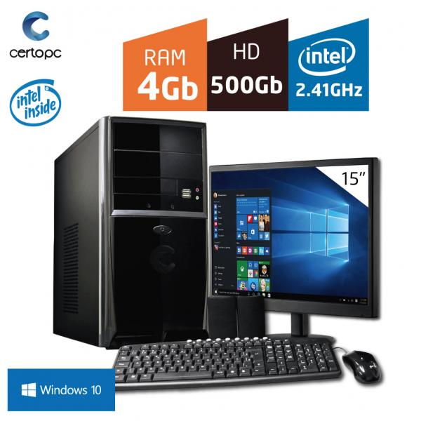 Computador + Monitor 15'' Intel Dual Core 2.41GHz 4GB HD 500GB com Windows 10 Certo PC FIT 015