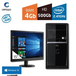 Computador + Monitor 15' Intel Dual Core 2.41GHz 4GB HD 500GB com Windows 10 Certo PC FIT 1013