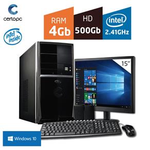 Computador + Monitor 15' Intel Dual Core 2.41GHz 4GB HD 500GB com Windows 10 Certo PC FIT 1015