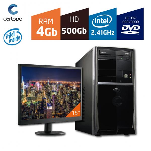 Computador + Monitor 15'' Intel Dual Core 2.41GHz 4GB HD 500GB DVD Certo PC Fit 010