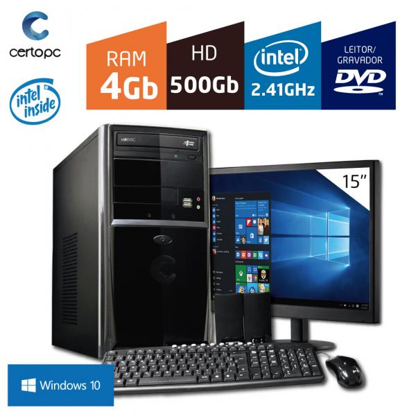 Computador + Monitor 15'' Intel Dual Core 2.41GHz 4GB HD 500GB DVD com Windows 10 Certo PC FIT 016
