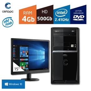 Computador + Monitor 15' Intel Dual Core 2.41GHz 4GB HD 500GB DVD com Windows 10 Certo PC FIT 1014