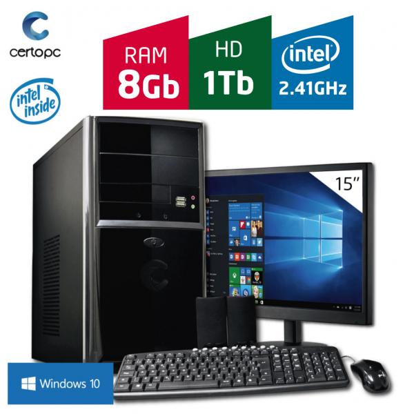 Computador + Monitor 15 Intel Dual Core 2.41GHz 8GB HD 1TB com Windows 10 Certo PC FIT 087