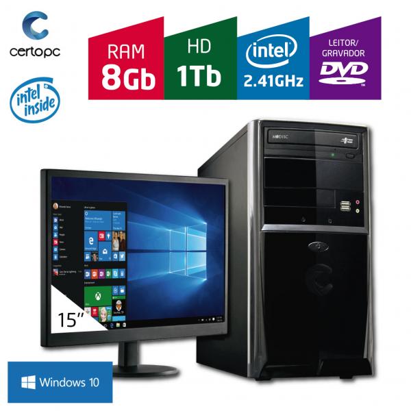 Computador + Monitor 15 Intel Dual Core 2.41GHz 8GB HD 1TB DVD com Windows 10 Certo PC FIT 086