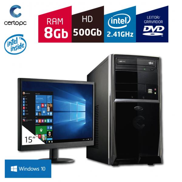 Computador + Monitor 15'' Intel Dual Core 2.41GHz 8GB HD 500 GB DVD com Windows 10 Certo PC FIT 062