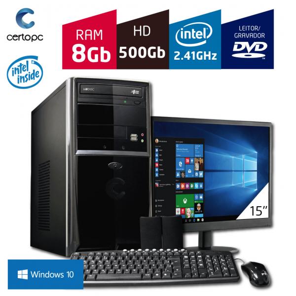 Computador + Monitor 15'' Intel Dual Core 2.41GHz 8GB HD 500 GB DVD com Windows 10 Certo PC FIT 064