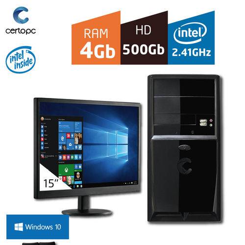 Computador + Monitor 15'' Intel Dual Core 2.41GHz 4GB HD 500GB com Windows 10 Certo PC FIT 1013