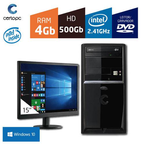 Computador + Monitor 15'' Intel Dual Core 2.41GHz 4GB HD 500GB DVD com Windows 10 Certo PC FIT 1014