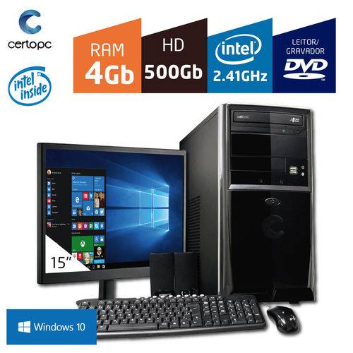 Computador + Monitor 15'' Intel Dual Core 2.41GHz 4GB HD 500GB DVD com Windows 10 PRO Certo PC FIT 0