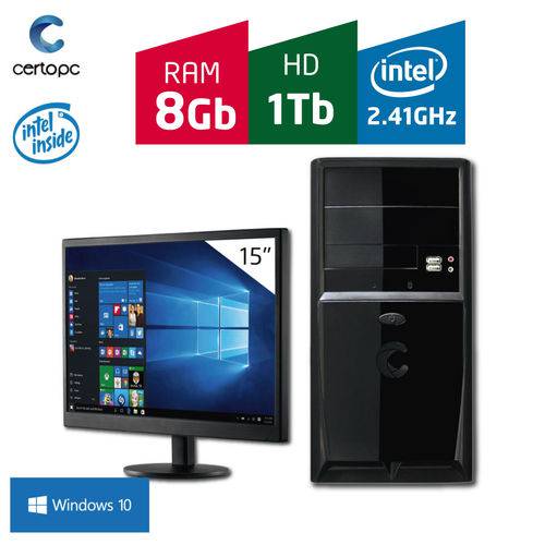 Computador + Monitor 15'' Intel Dual Core 2.41GHz 8GB HD 1TB com Windows 10 Certo PC FIT 1085