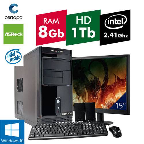 Computador + Monitor 15'' Intel Dual Core 2.41GHz 8GB HD 1TB com Windows 10 Certo PC FIT 1087