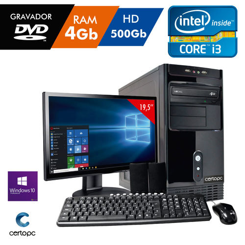 Computador + Monitor 19,5'' Intel Core I3 4gb Hd 500gb Dvd com Windows 10 Pro Certo Pc Desempenho 00