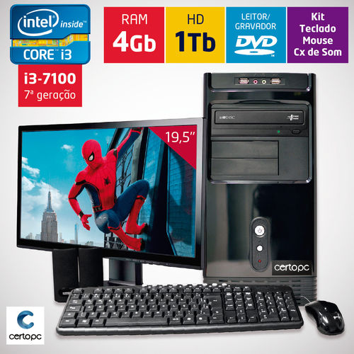 Computador + Monitor 19,5’’ Intel Core I3 7ª Geração 4gb Hd 1tb Dvd Certo Pc Smart 027