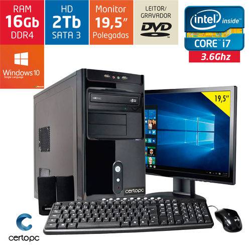 Computador + Monitor 19,5’’ Intel Core I7 16gb Hd 2tb Dvd com Windows 10 Sl Certo Pc Desempenho 941