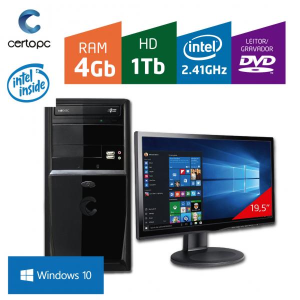 Computador + Monitor 19,5 Intel Dual Core 2.41GHz 4GB HD 1TB DVD com Windows 10 Certo PC FIT 046