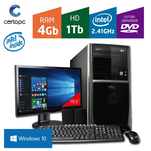 Computador + Monitor 19,5 Intel Dual Core 2.41GHz 4GB HD 1TB DVD com Windows 10 Certo PC FIT 048