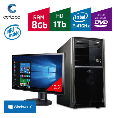Computador + Monitor 19,5'' Intel Dual Core 2.41GHz 8GB HD 1TB DVD com Windows 10 Certo PC FIT 1094