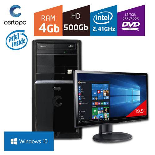 Computador + Monitor 19,5'' Intel Dual Core 2.41GHz 4GB HD 500GB DVD com Windows 10 Certo PC FIT 1022