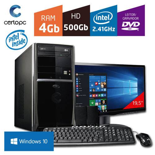 Computador + Monitor 19,5'' Intel Dual Core 2.41GHz 4GB HD 500GB DVD com Windows 10 Certo PC FIT 1024