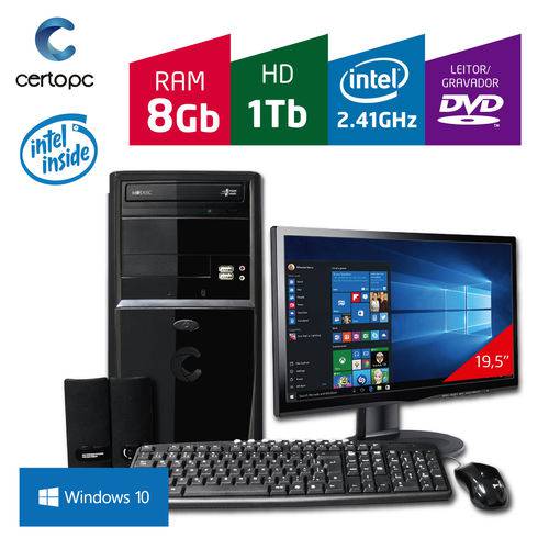 Computador + Monitor 19,5'' Intel Dual Core 2.41GHz 8GB HD 1TB DVD com Windows 10 Certo PC FIT 1096