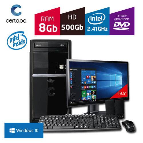 Computador + Monitor 19,5'' Intel Dual Core 2.41GHz 8GB HD500 GB DVD com Windows 10 Certo PC FIT 1072