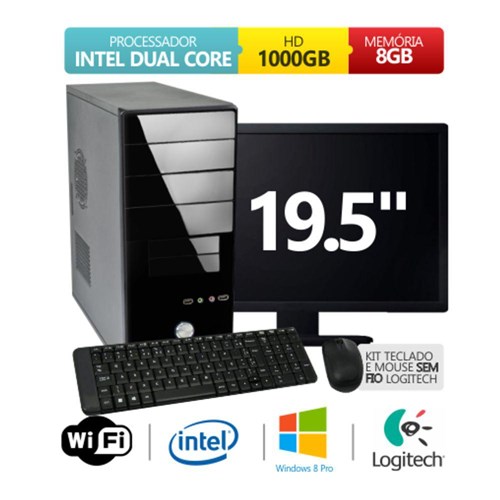 Computador Premium Business Celeron Dual Core 8gb 1Tb Windows 8 + Monitor 19,5 + Kit Sem Fio Logitec
