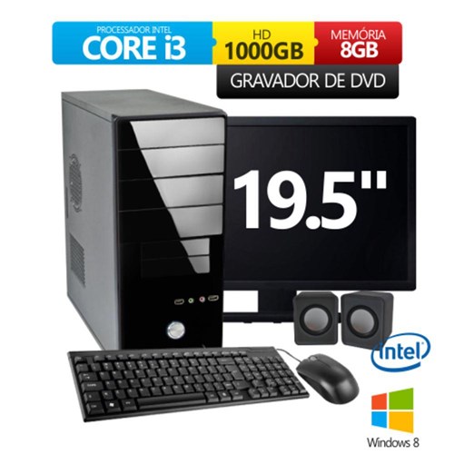 Computador Premium Business Intel Core I3 8gb 1 Tb Dvd Com Windows 8 + Monitor Led 19,5 + Kit