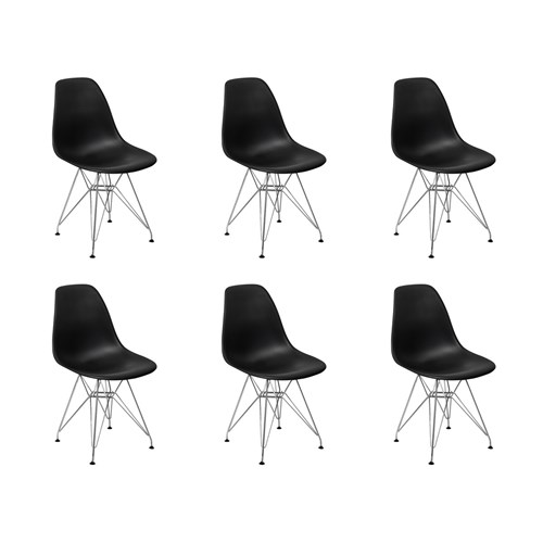 Conjunto 06 Cadeiras Charles Eames Eiffel Base Metal Design - Preta