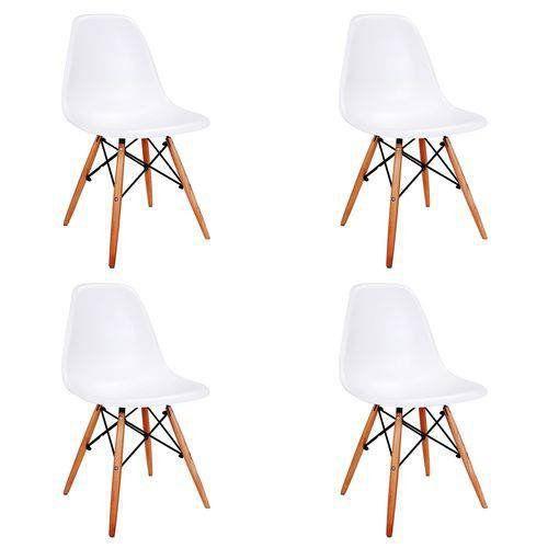 Conjunto 4 Cadeiras Charles Eames Eiffel Wood Base Madeira Branca - Fidoti