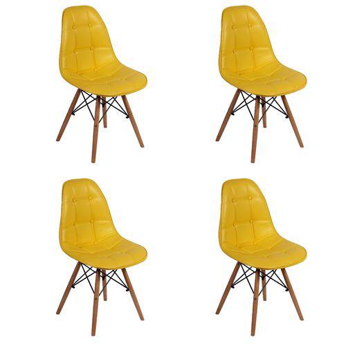 Conjunto 4 Cadeiras Dkr Charles Eames Wood Estofada Botonê - Amarela