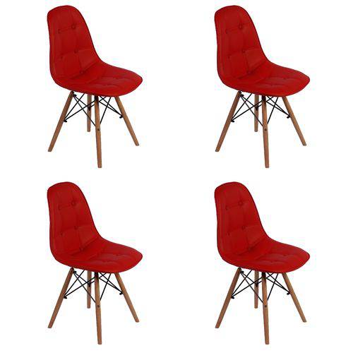 Conjunto 4 Cadeiras Dkr Charles Eames Wood Estofada Botonê - Vermelha